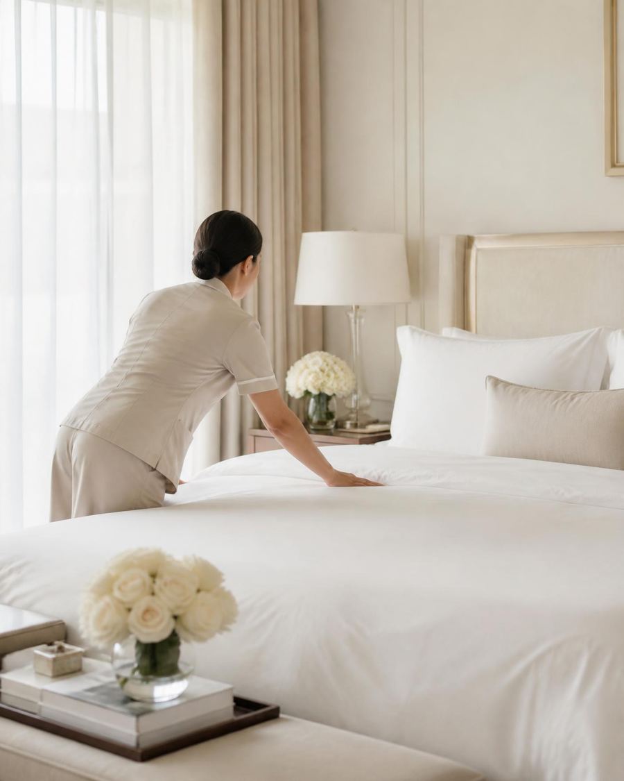 Ivory & Co. housekeeper preparing a bed with crisp linen in a Nantwich home