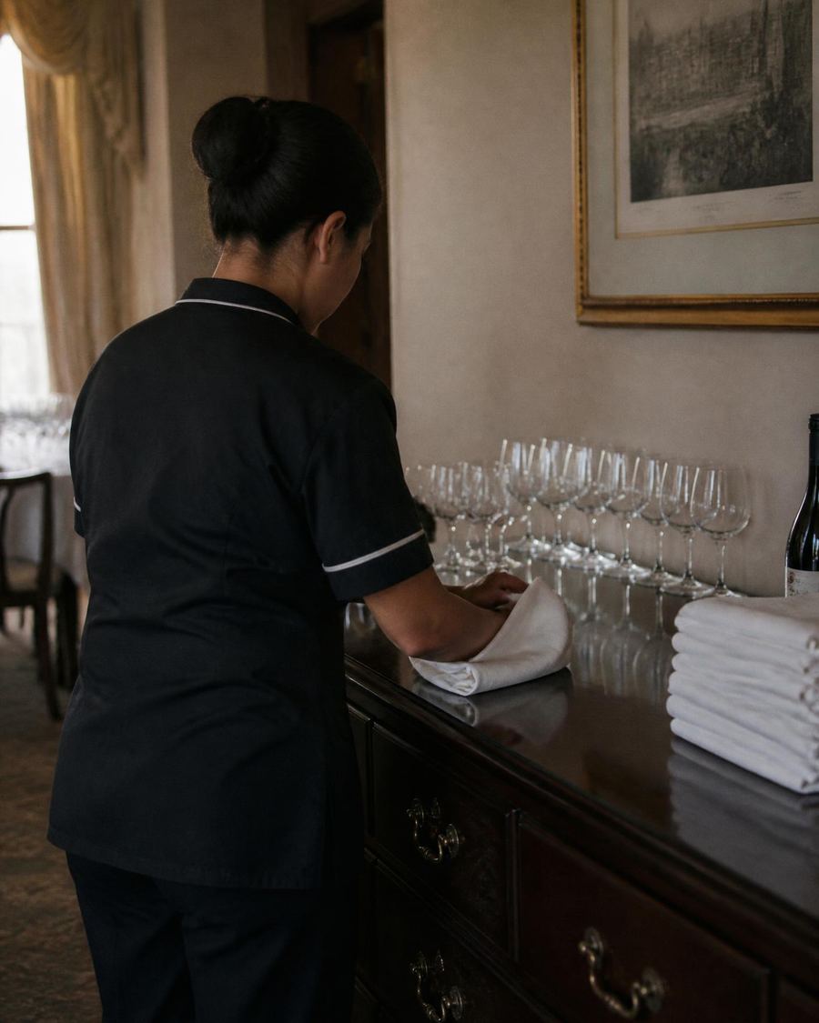 Housekeeper preparing pressed linen and glassware in a private dining room