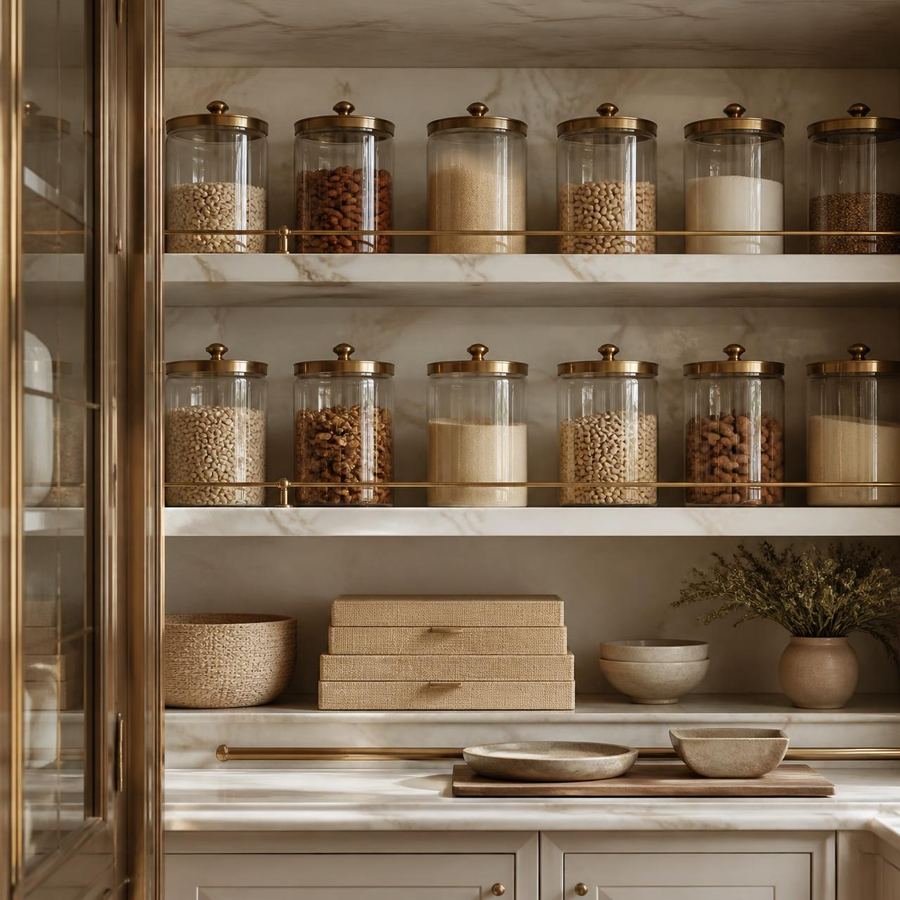 Ordered pantry shelving in a Nantwich home maintained on a monthly cleaning package