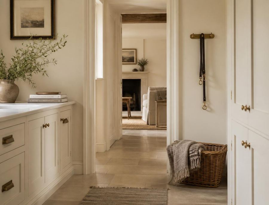 Hallway of a pet-friendly Cheshire home with a dog basket and lead, cleaned by Ivory & Co. Cleaning Services